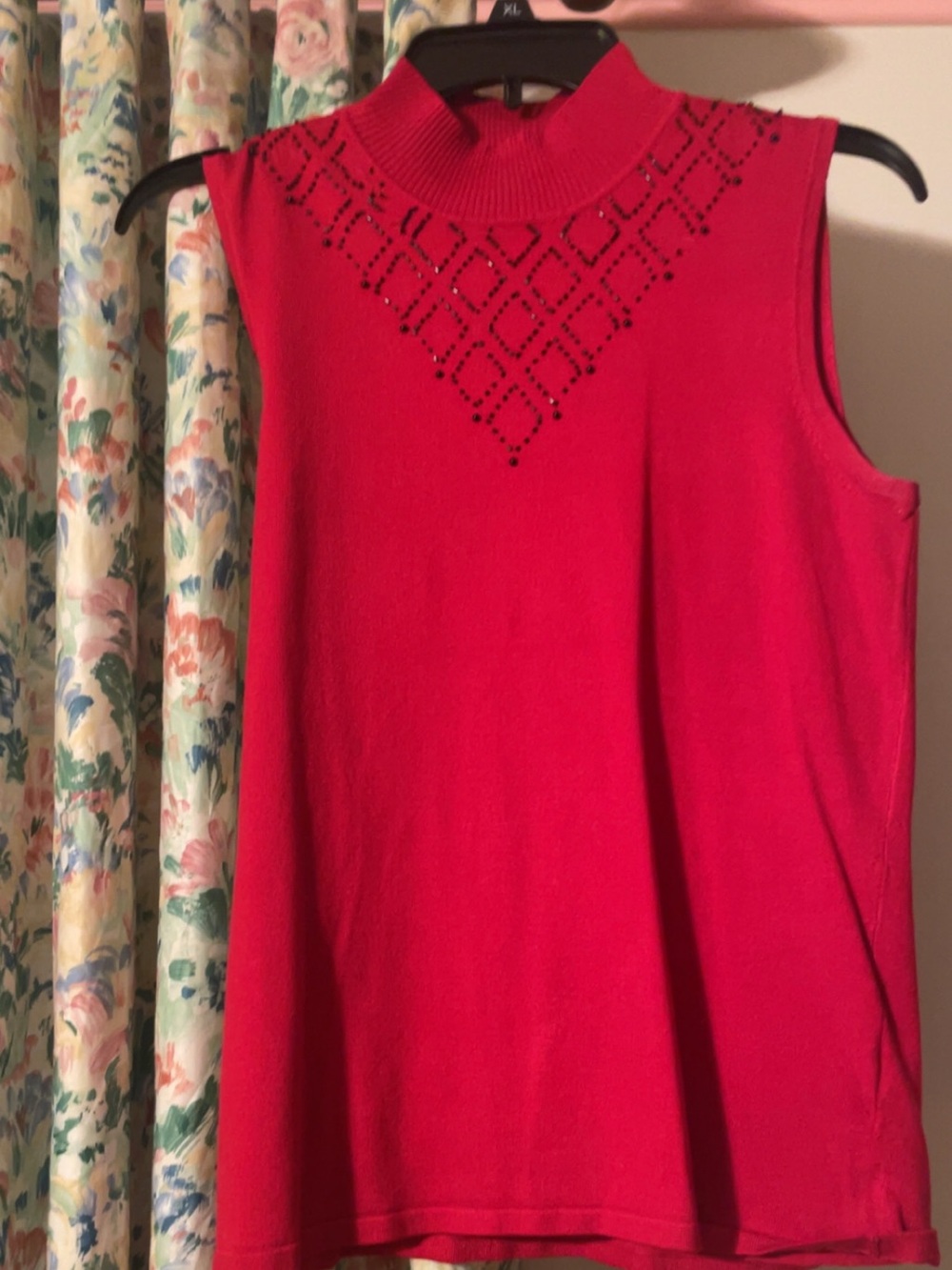 Cable & Gauge Bright Red Sleeveless Knit Tank with Embellished Neck